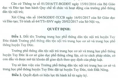 Quyết định của UBND tỉnh Đăk Nông về đổi tên trường PT DTNT Tuy Đức